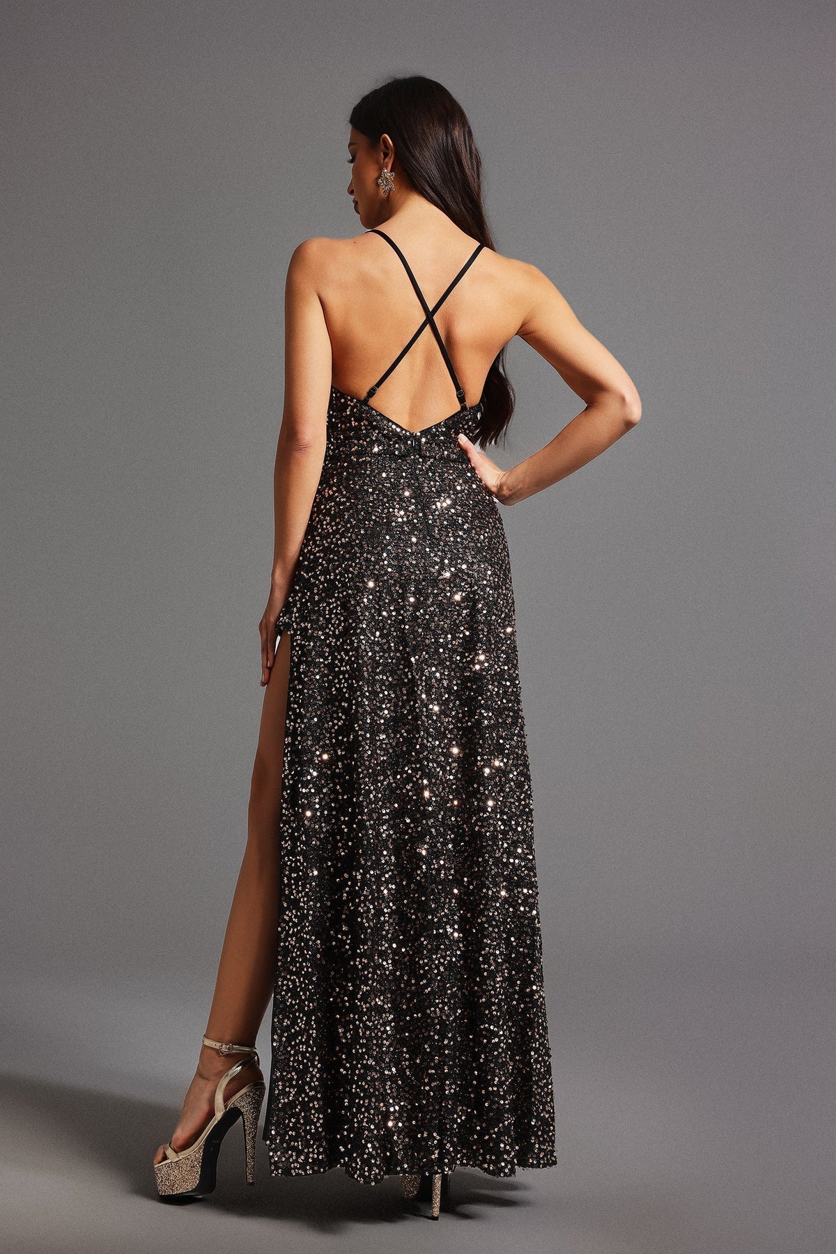 Halter Cowl Neck Sequin High Slit Column Maxi Dress 6