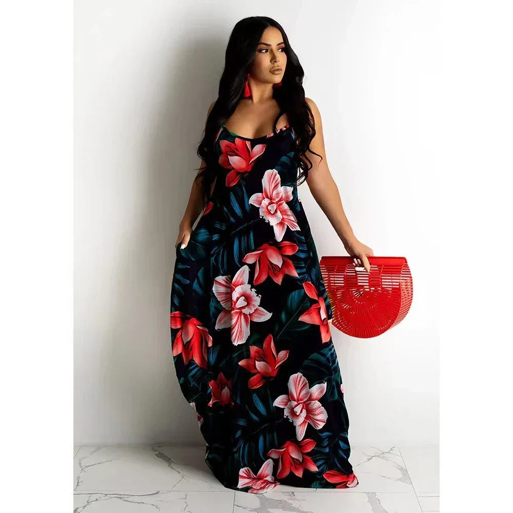 Loose Floral Print Slip Dress Long Skirt Floral Dress honghua-lancao / S floraldress-250126