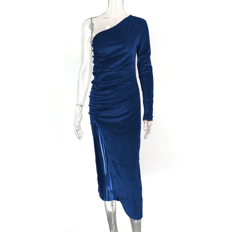 Velvet One Shoulder Long Sleeve Ruched Front Slit Bodycon Midi Dress 6