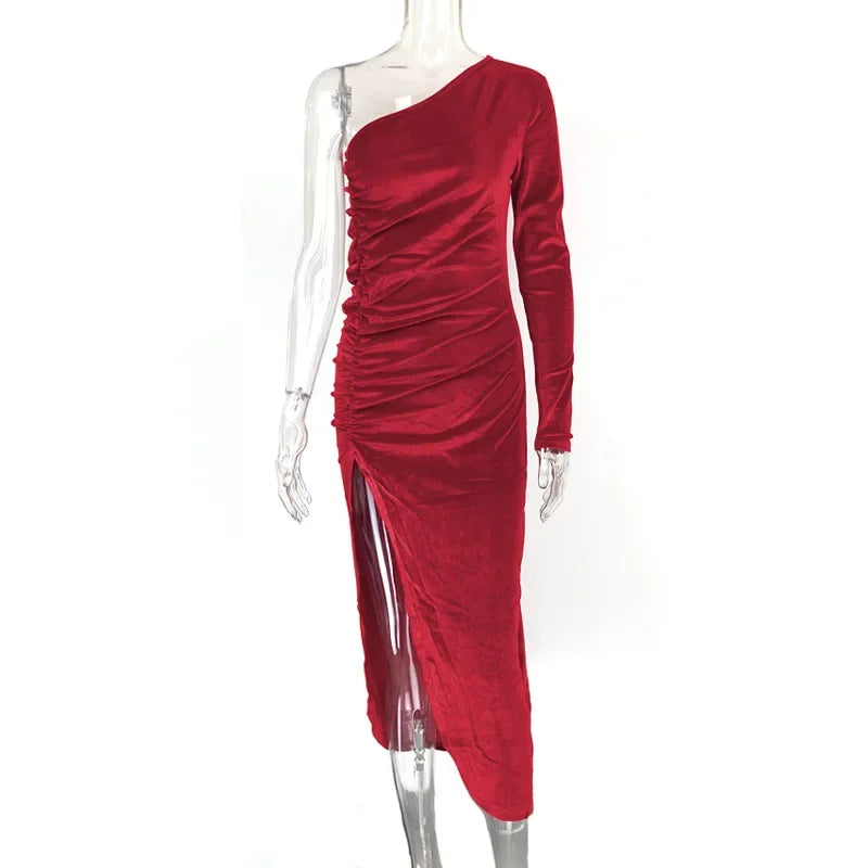 Velvet One Shoulder Long Sleeve Ruched Front Slit Bodycon Midi Dress 4