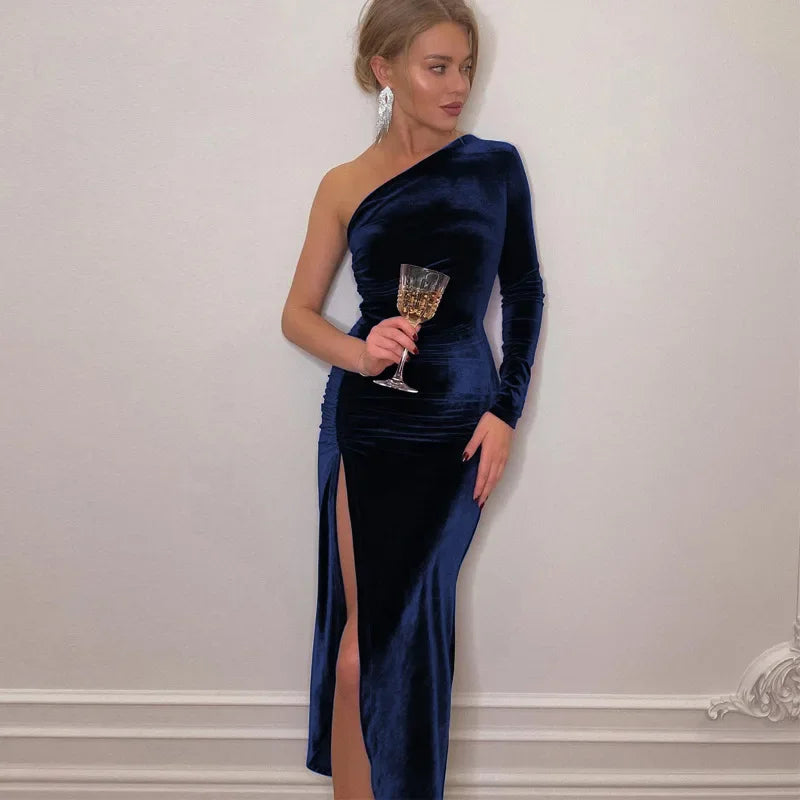 Velvet One Shoulder Long Sleeve Ruched Front Slit Bodycon Midi Dress 3