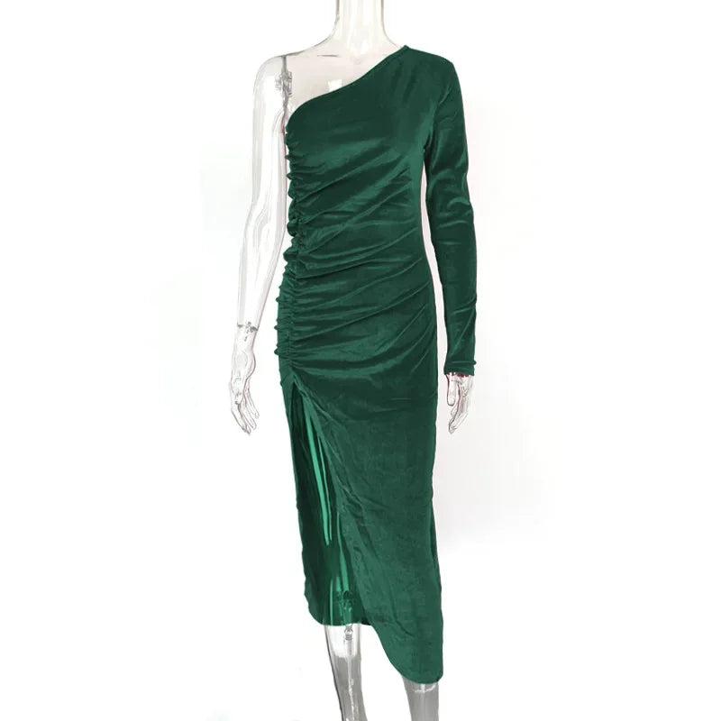 Velvet One Shoulder Long Sleeve Ruched Front Slit Bodycon Midi Dress 5