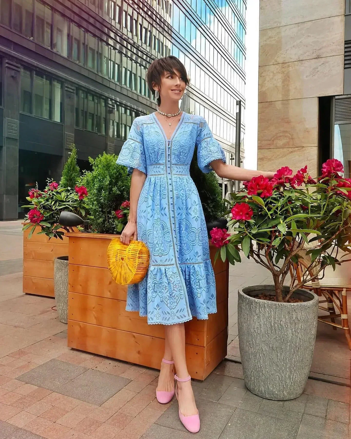 Lace Eyelet V-Neck Button Front Bell Sleeve Tiered Scalloped Hem Midi Dress 5