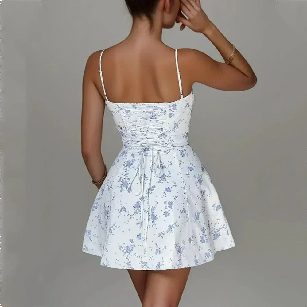 Floral Sweetheart Spaghetti Strap Tie Front Flared Mini Dress