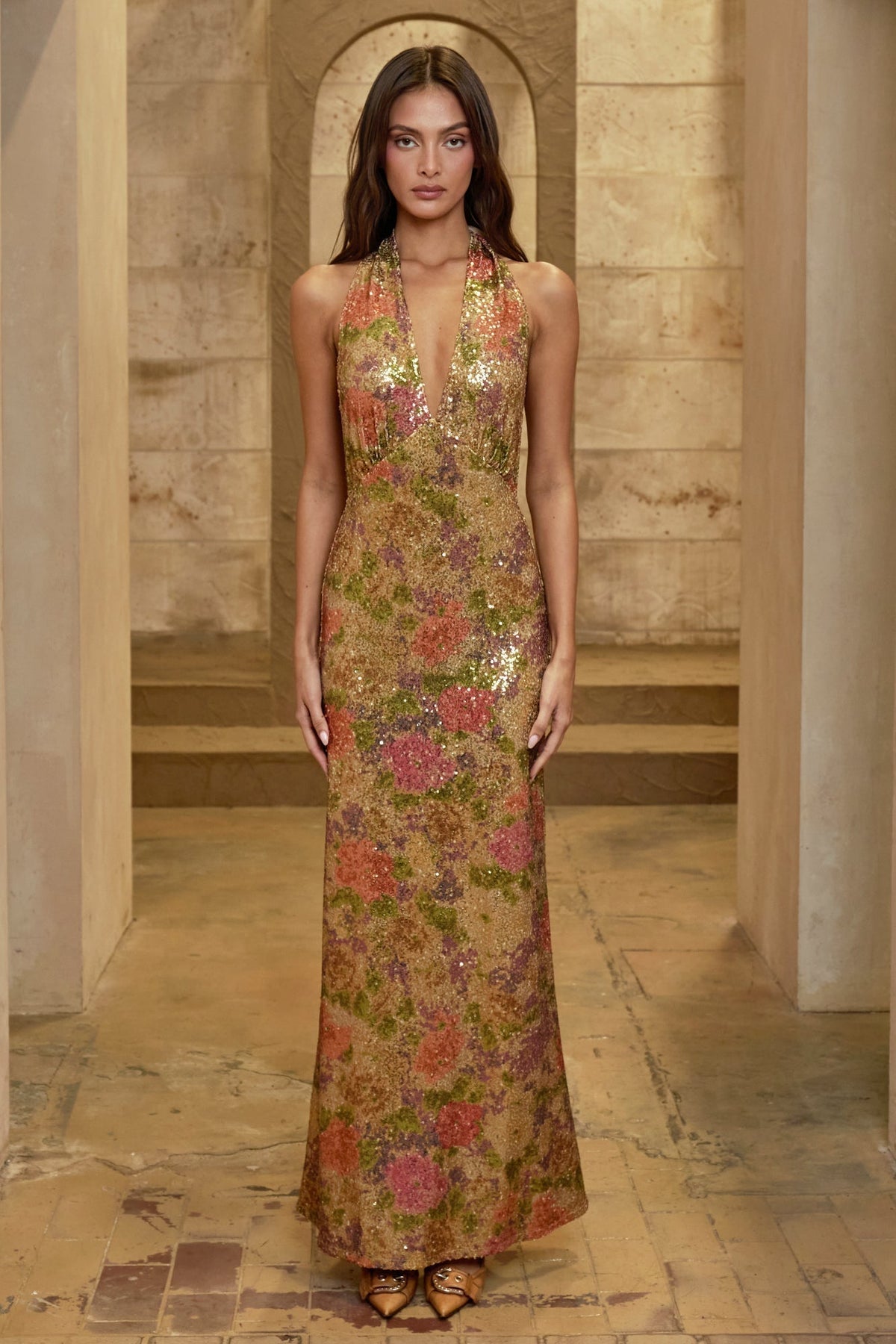 Halter Deep V Sequin Abstract Floral Column Maxi Gown
