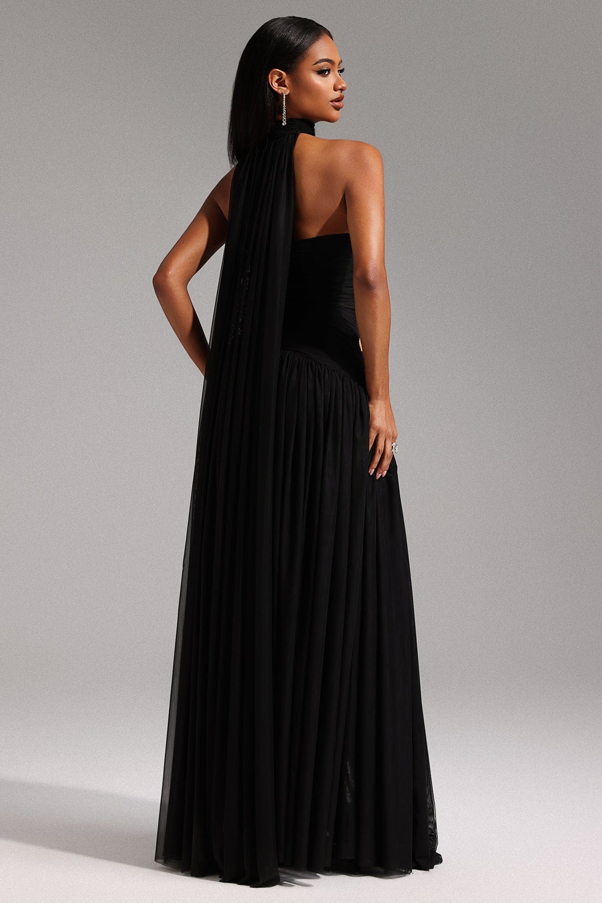 Strapless Ruched Cutout Pleated Cape Back High Slit Maxi Gown 6