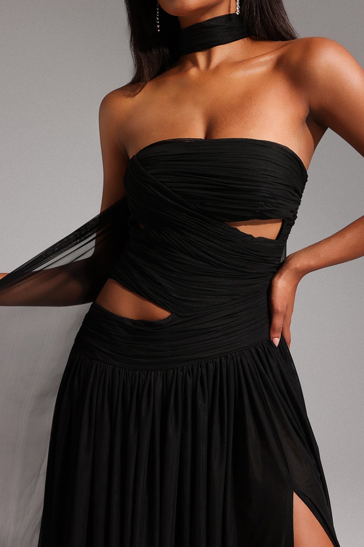 Strapless Ruched Cutout Pleated Cape Back High Slit Maxi Gown 5