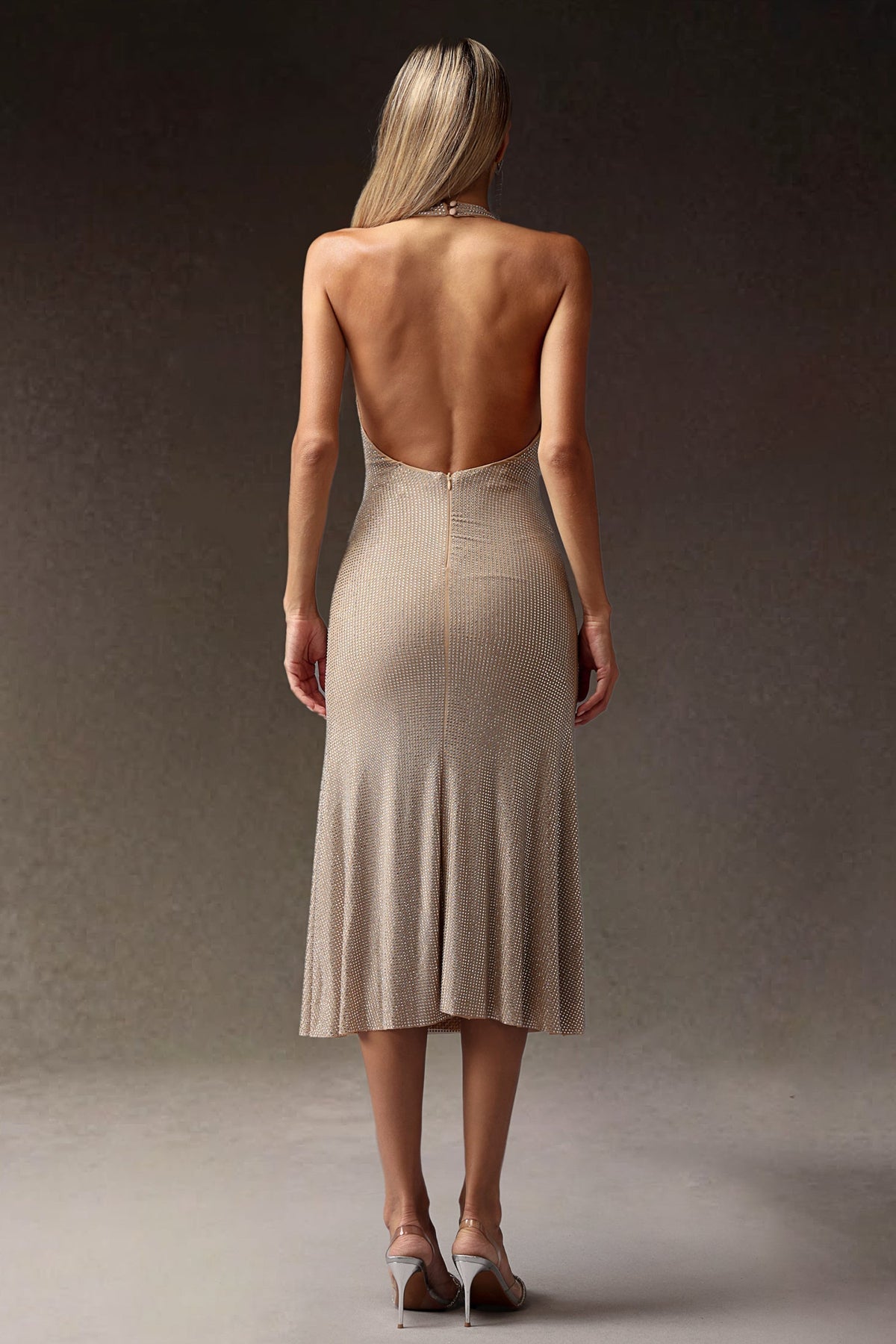 Halter Neck Plunging V Neck All Over Rhinestone Bodycon Midi Dress 6