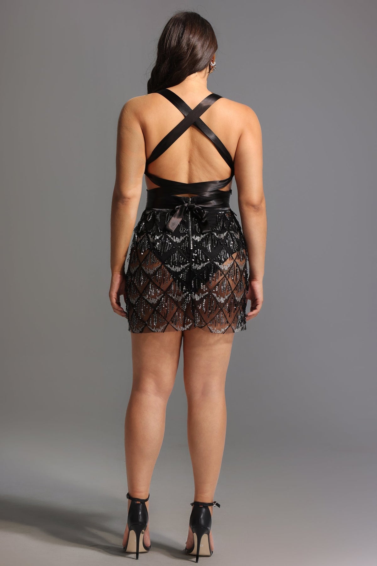 Deep V Neck Satin Waistband Geometric Lattice Beaded Fringe Mini Dress 6