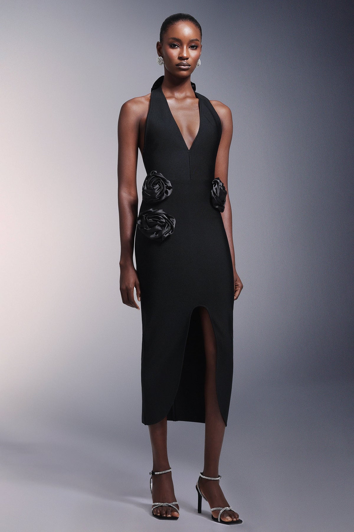 Halter Neck Deep V-Neck Rosette Applique Center Slit Bandage Midi Dress 4