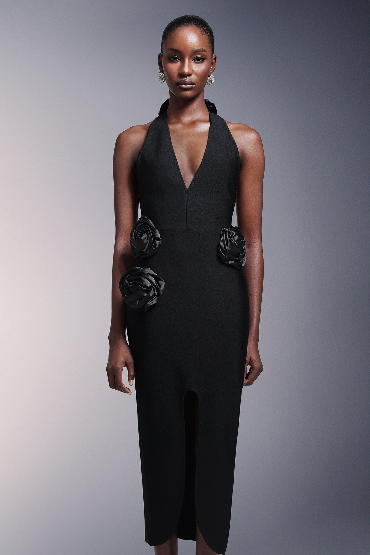 Halter Neck Deep V-Neck Rosette Applique Center Slit Bandage Midi Dress 2