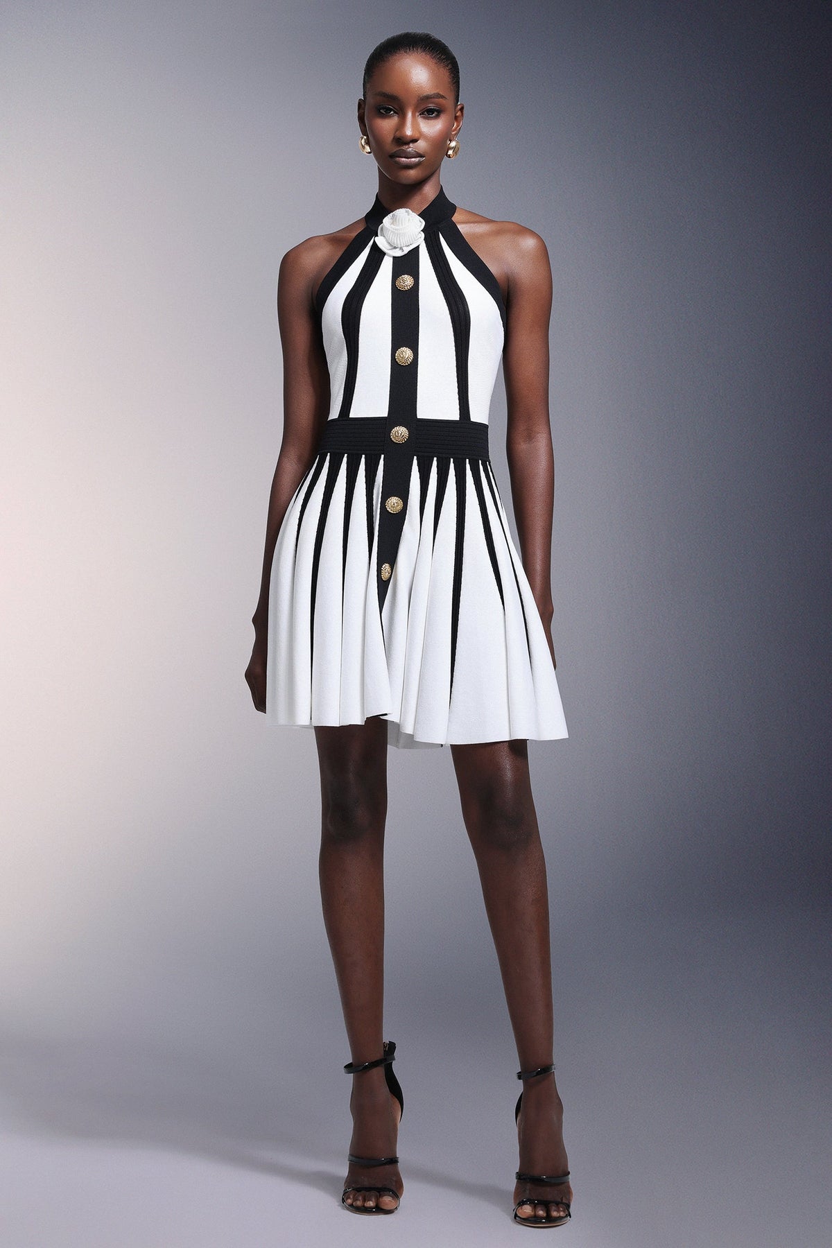 Halter High Neck 3D Rosette Metal Button Vertical Panel Pleated Mini Dress 2