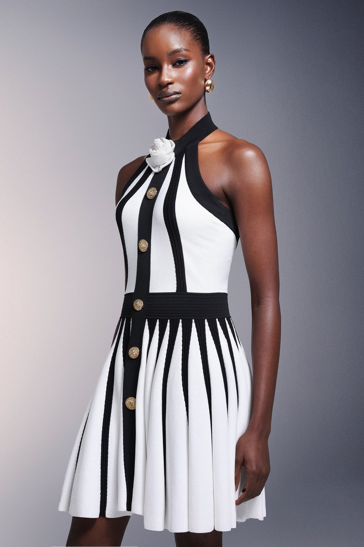 Halter High Neck 3D Rosette Metal Button Vertical Panel Pleated Mini Dress 4