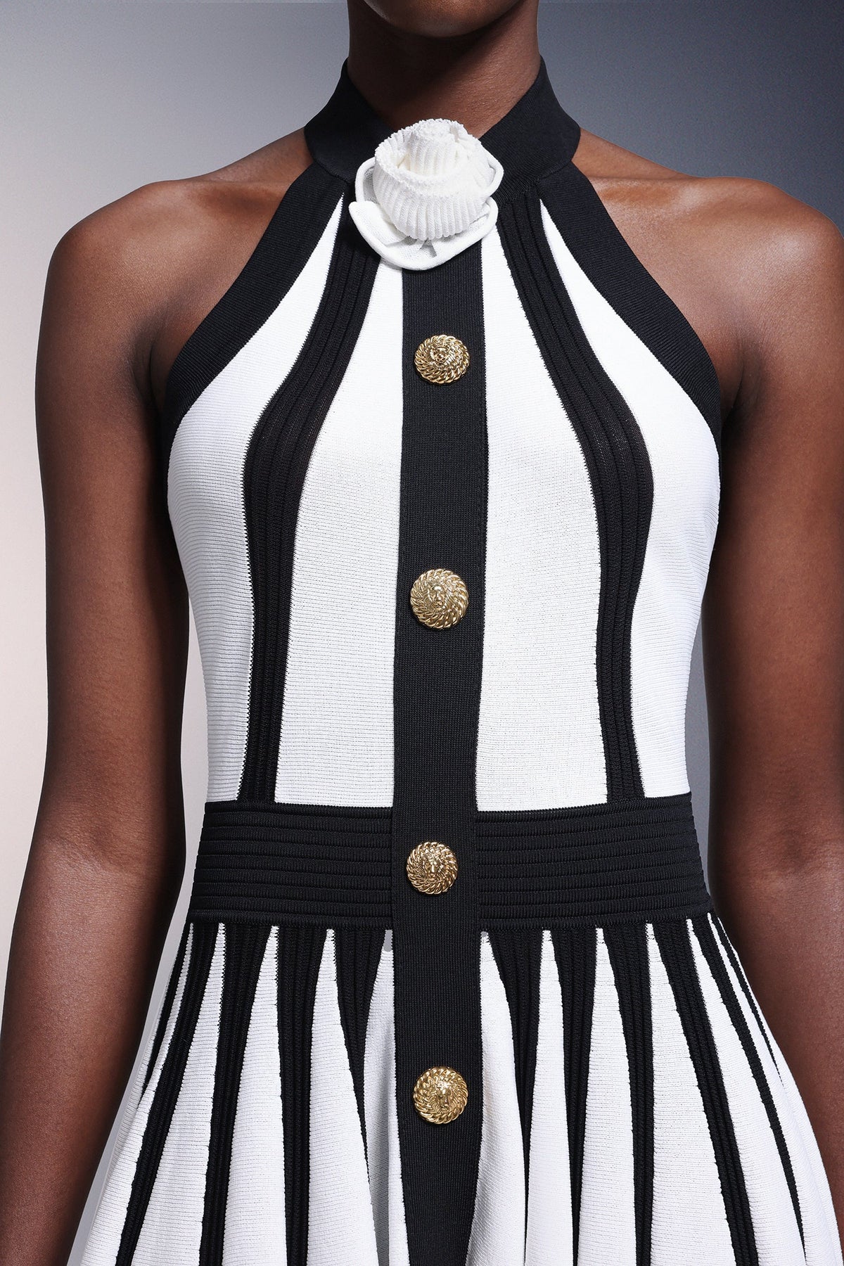 Halter High Neck 3D Rosette Metal Button Vertical Panel Pleated Mini Dress 5