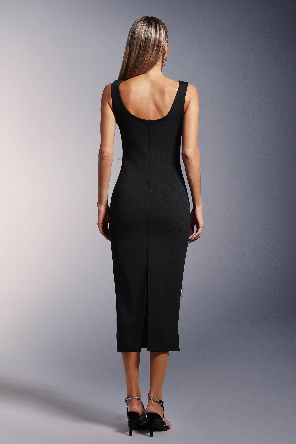 Scoop Neck Sleeveless Crystal Flower Applique Bandage Midi Dress 6