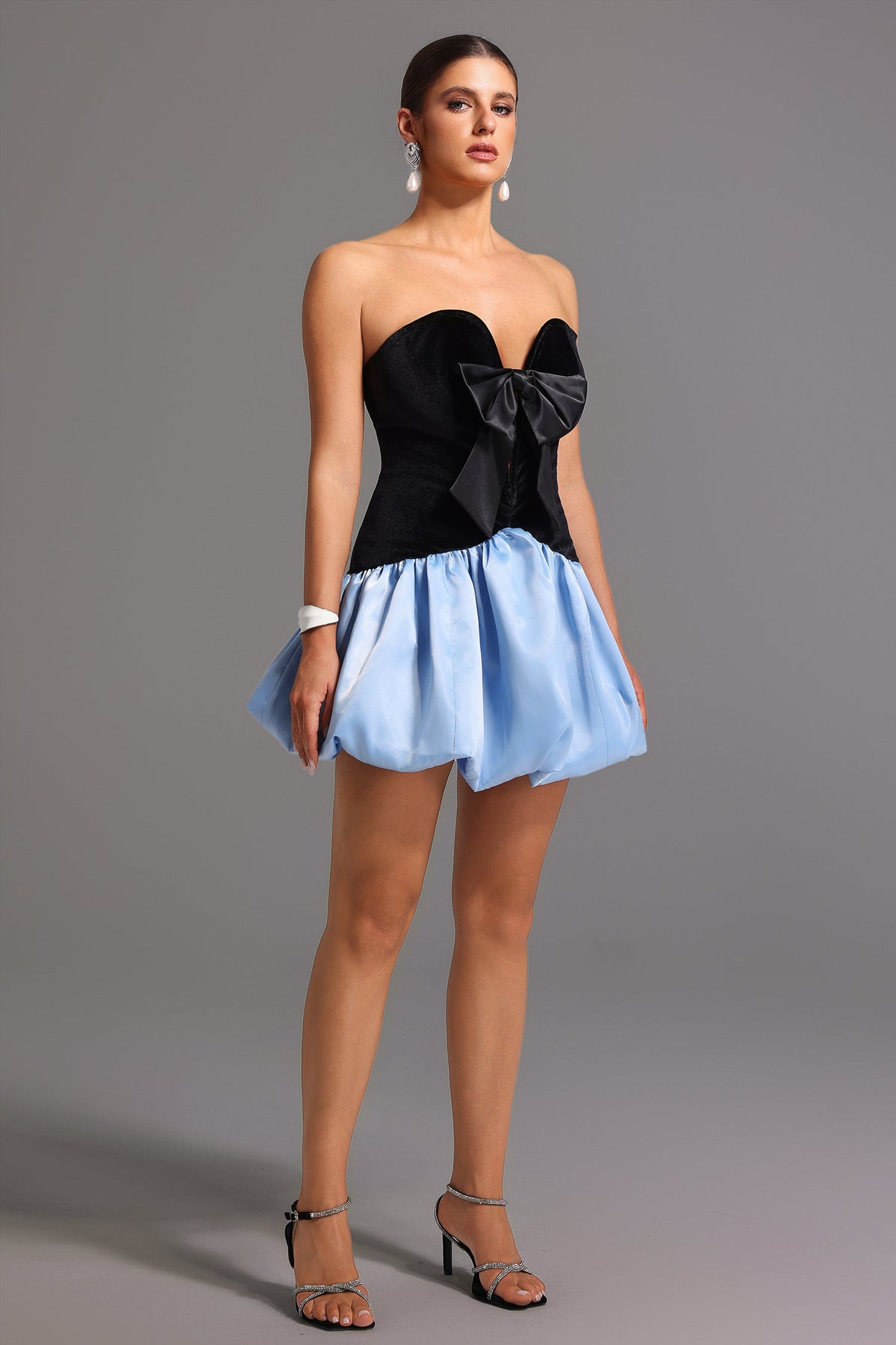 Strapless Velvet Bow Bubble Skirt Mini Dress 3