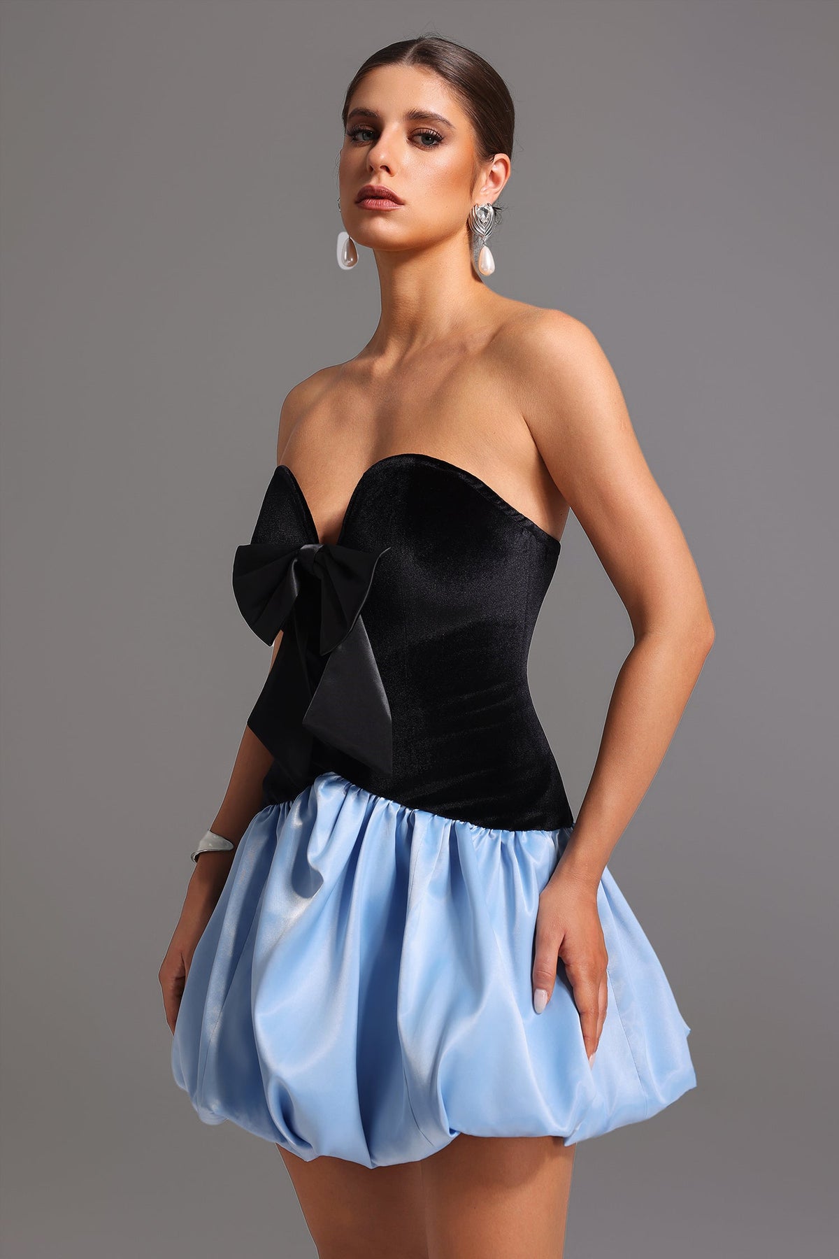 Strapless Velvet Bow Bubble Skirt Mini Dress 4