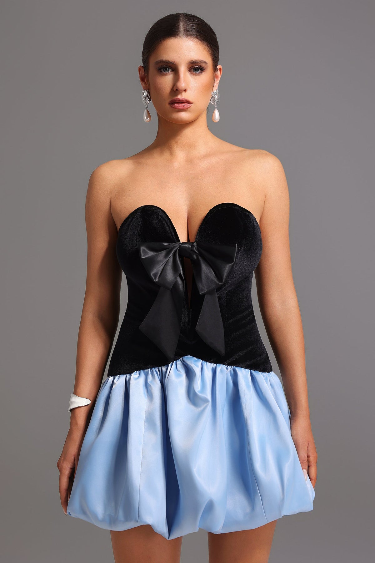 Strapless Velvet Bow Bubble Skirt Mini Dress