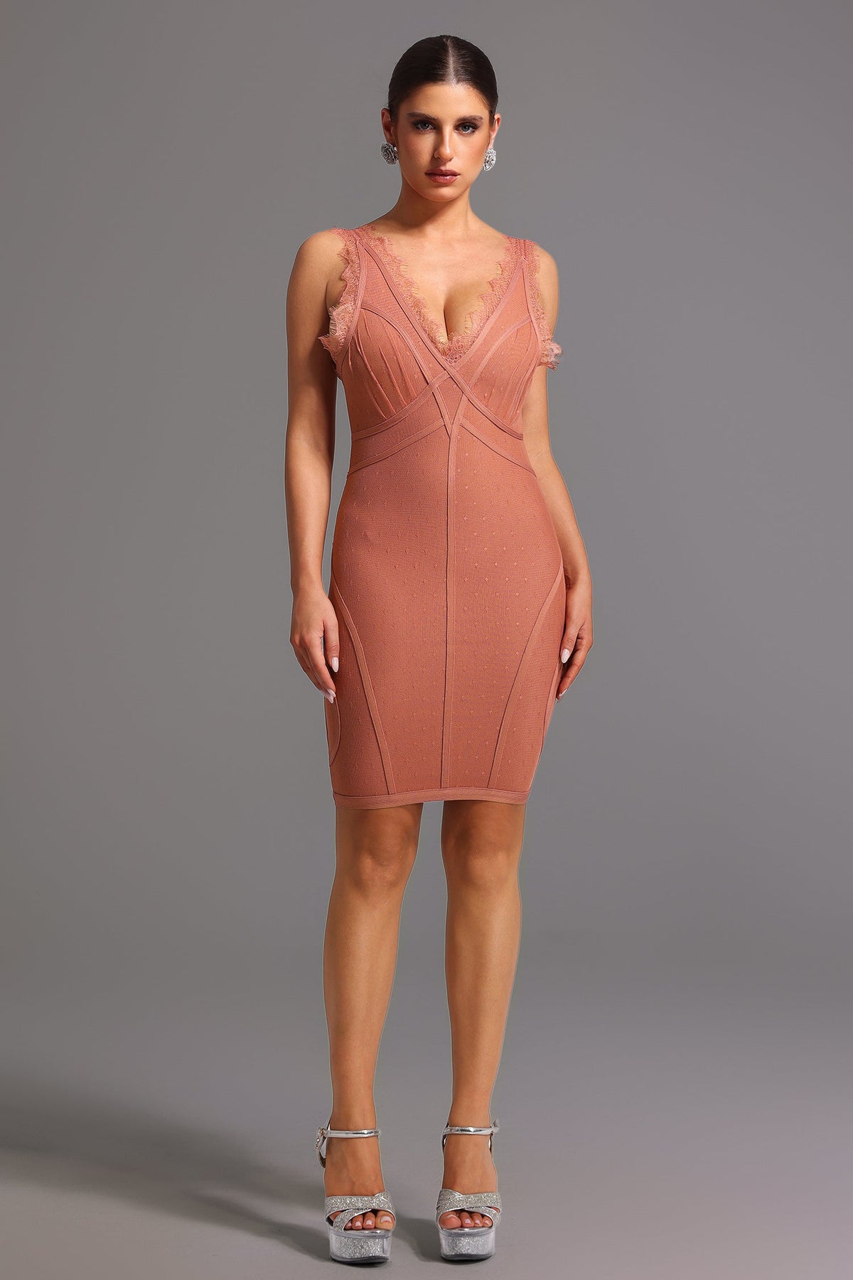 Deep V Swiss Dot Lace Trim Bandage Mini Dress 2