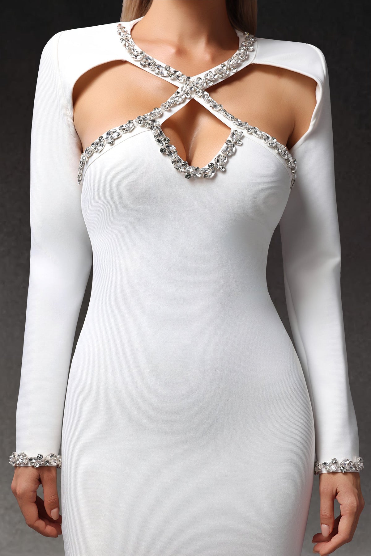 Long Sleeve Criss Cross Cutout Rhinestone Trim Bandage Mini Dress 9