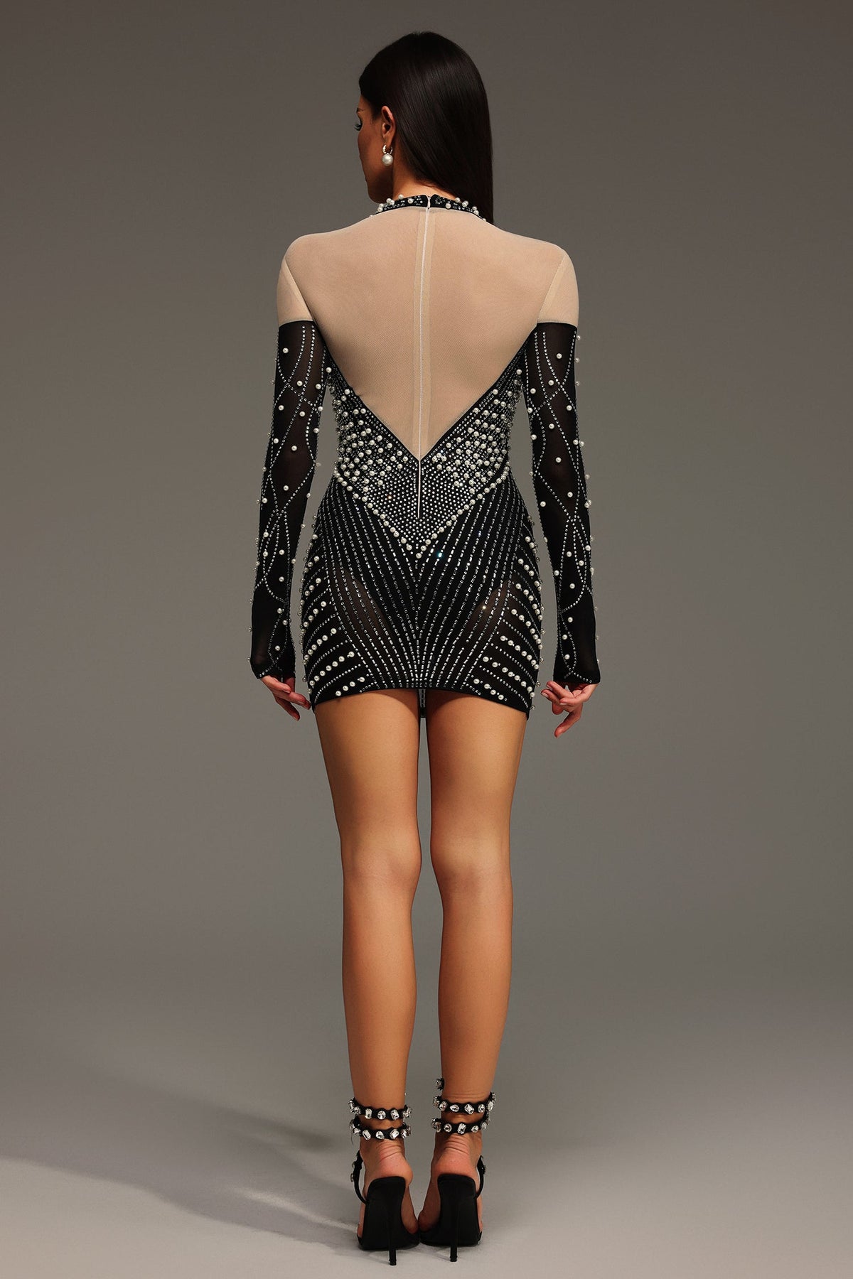 Mock Neck Sheer Yoke Pearl Rhinestone Geometric Long Sleeve Mini Dress 6