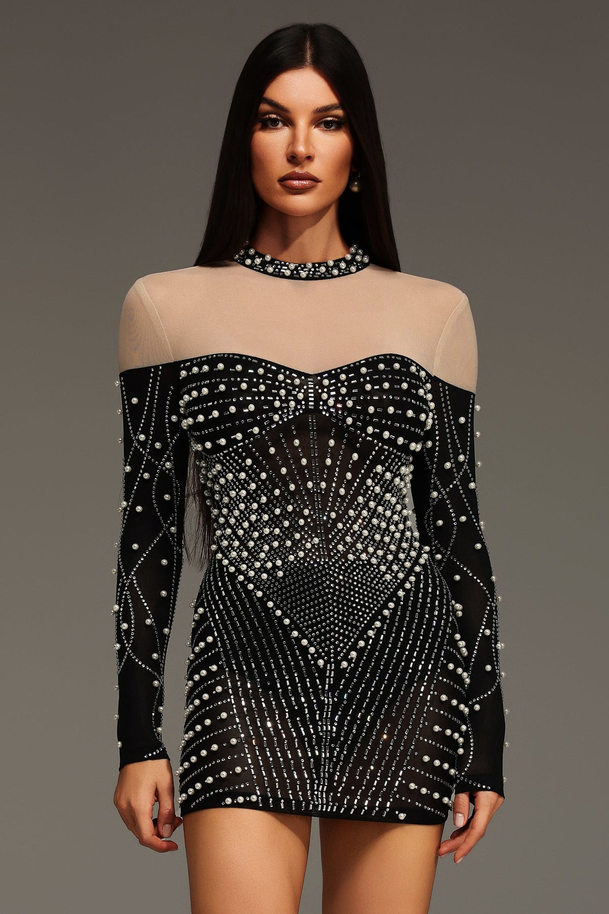 Mock Neck Sheer Yoke Pearl Rhinestone Geometric Long Sleeve Mini Dress