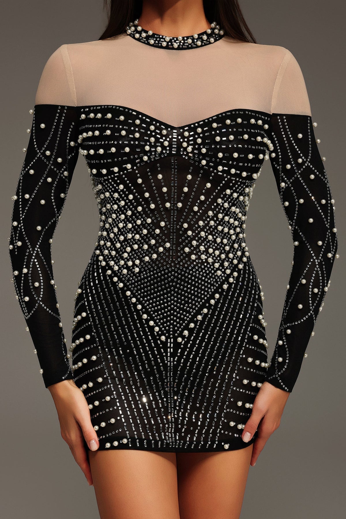 Mock Neck Sheer Yoke Pearl Rhinestone Geometric Long Sleeve Mini Dress 5