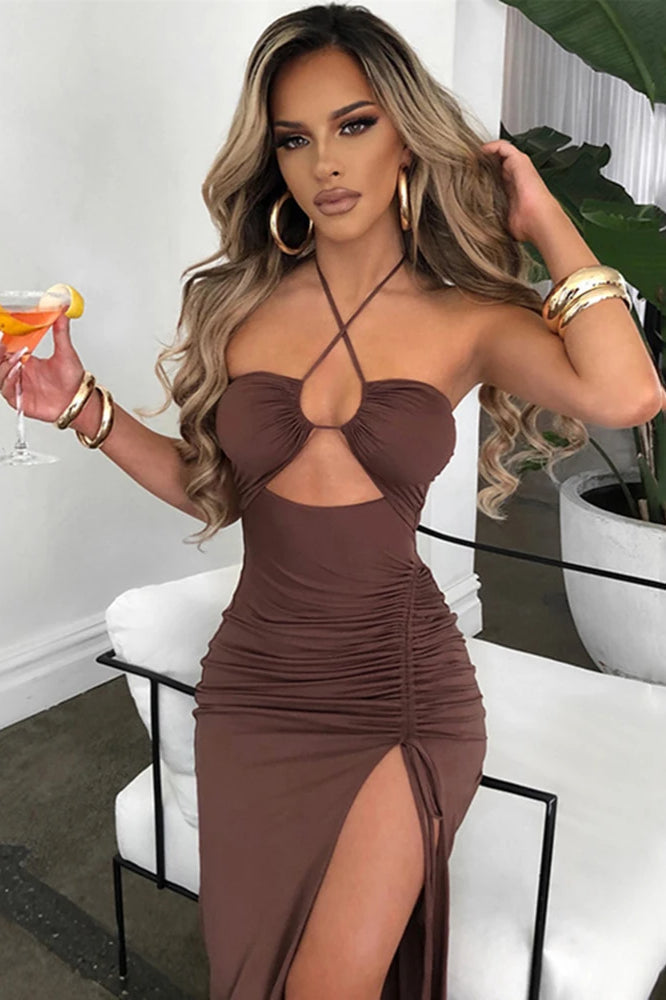 Halter Crossover Cutout Midriff Ruched Drawstring Side Slit Bodycon Midi Dress 3