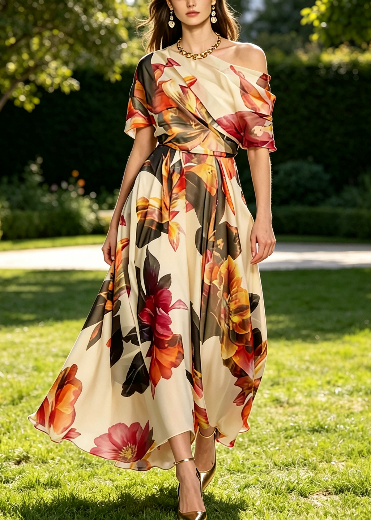 One Shoulder Draped Crossover Large Floral Print Satin Maxi Dress