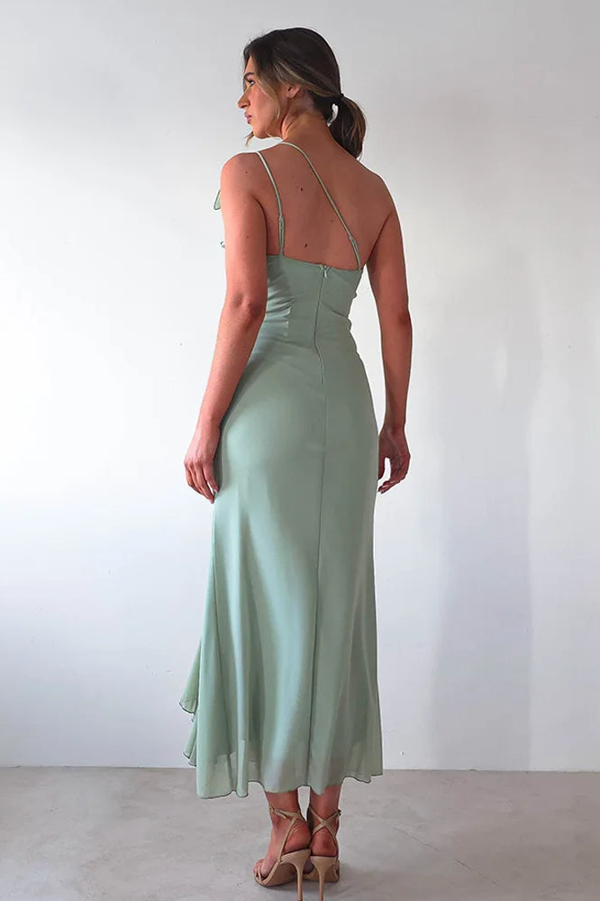One Shoulder Ruched Vertical Ruffle Front High Split Midi Dress 3