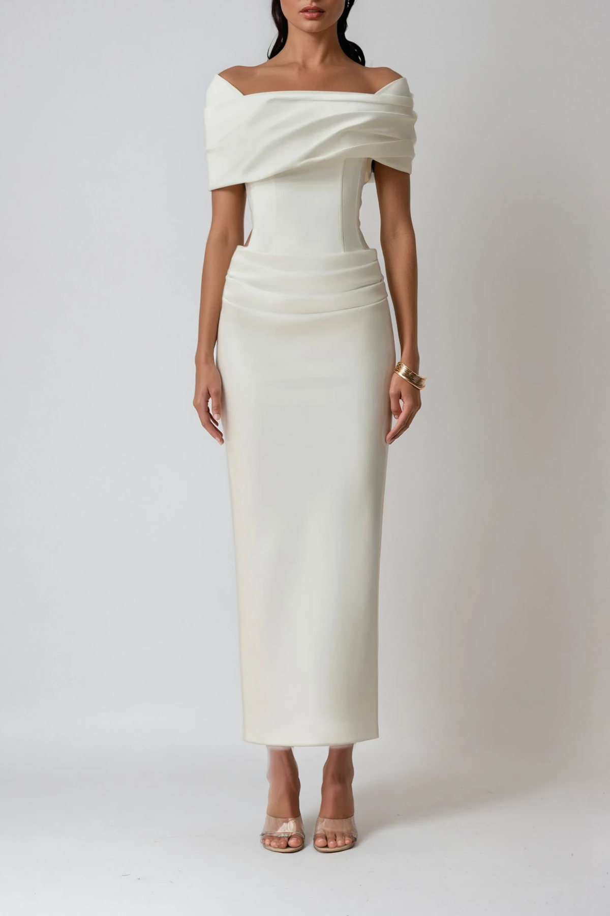 Off Shoulder Corset Bodice Waist Cutout Ruched Drape Column Maxi Dress