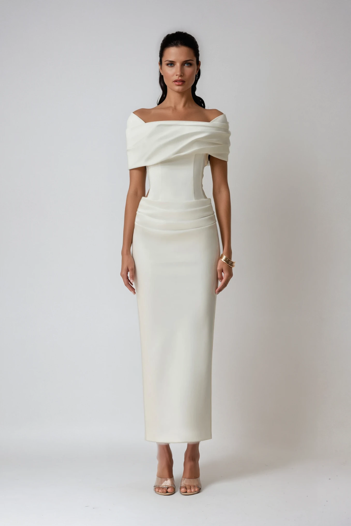 Off Shoulder Corset Bodice Waist Cutout Ruched Drape Column Maxi Dress 2