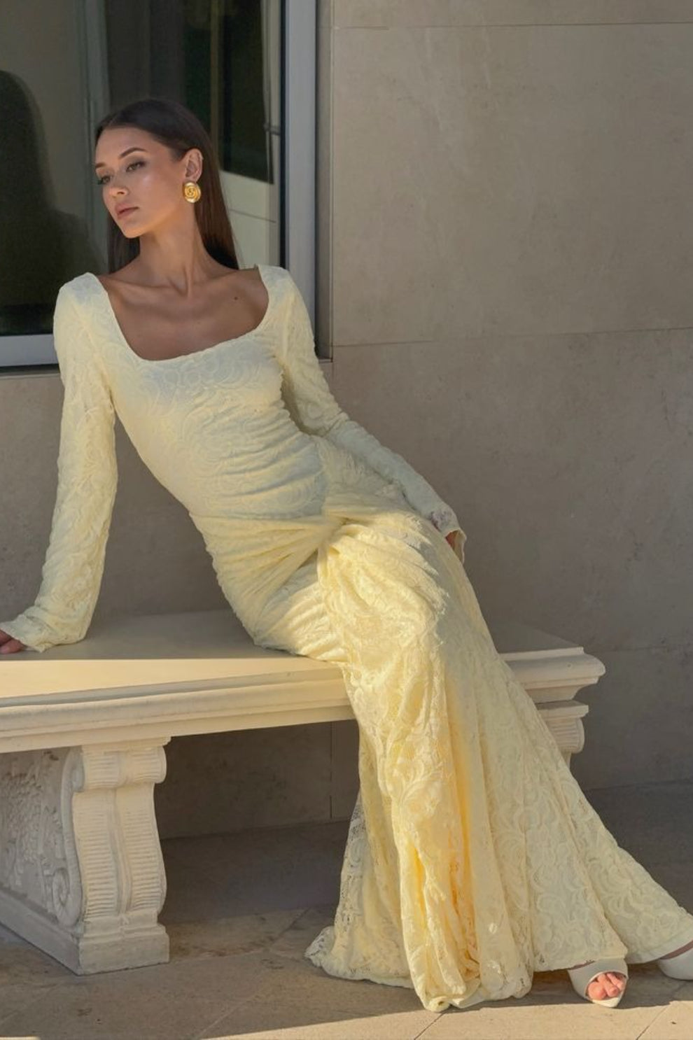 Square Neck Long Sleeve Floral Lace Front Knot Drape Panel Maxi Dress 4