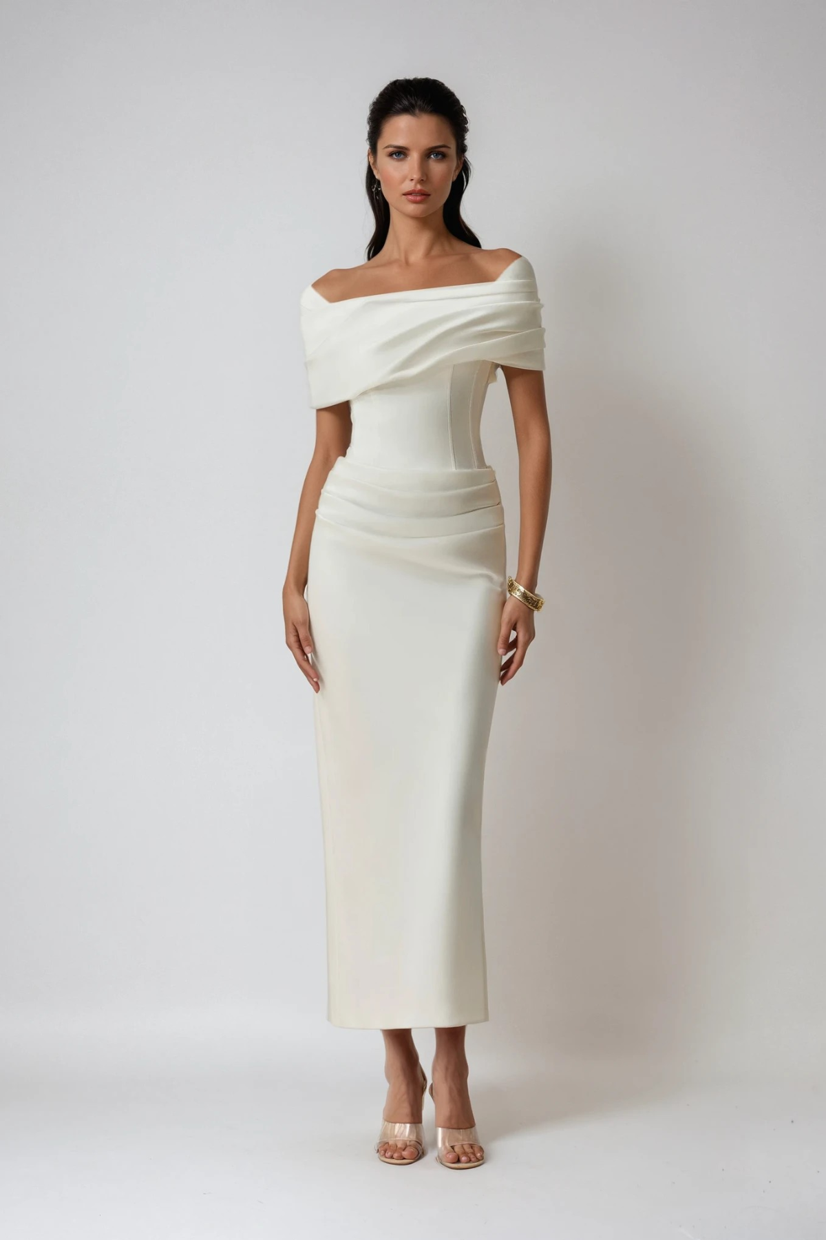 Off Shoulder Corset Bodice Waist Cutout Ruched Drape Column Maxi Dress 3