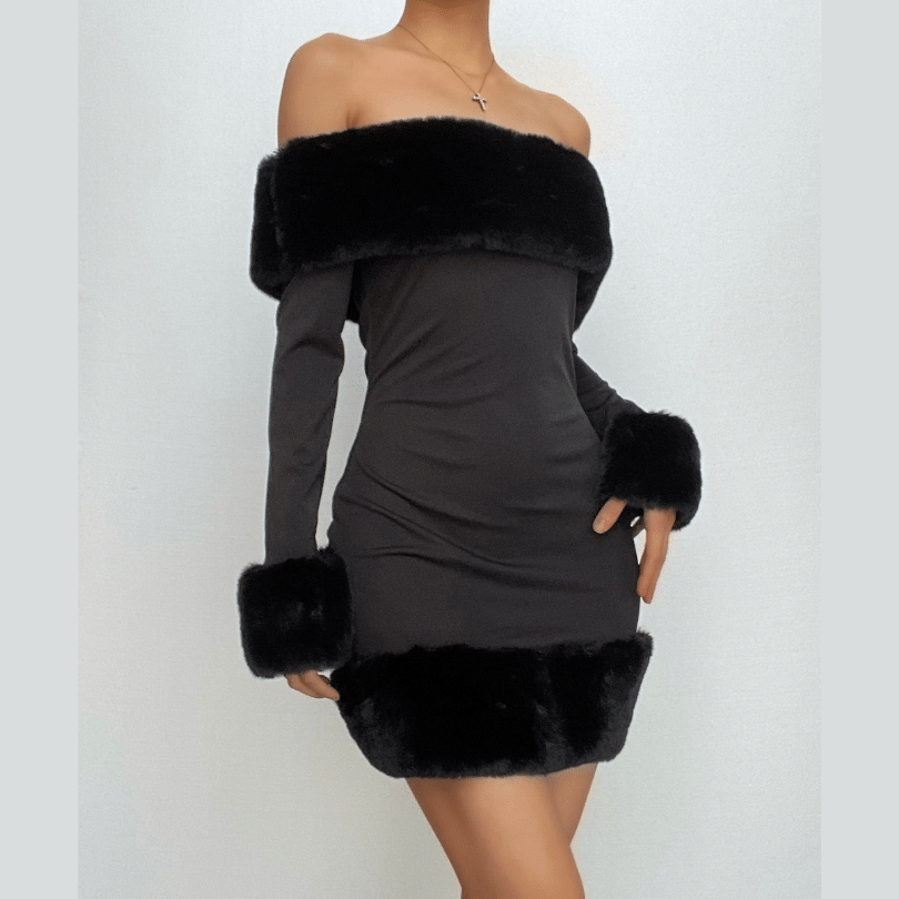 Faux Fur Trim Neckline Cuff Hem Off Shoulder Long Sleeve Bodycon Mini Dress