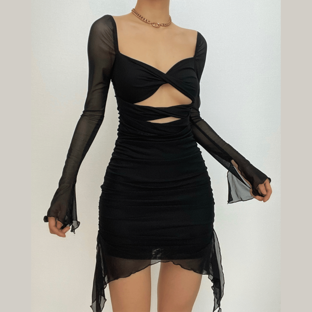 Hollow Out Mesh Bell Sleeve Sweetheart Cutout Ruched Zip Back Mini Dress
