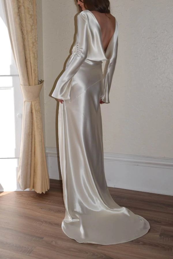 Satin Cowl Back Bell Sleeve Bias Cut Floor Length Gown