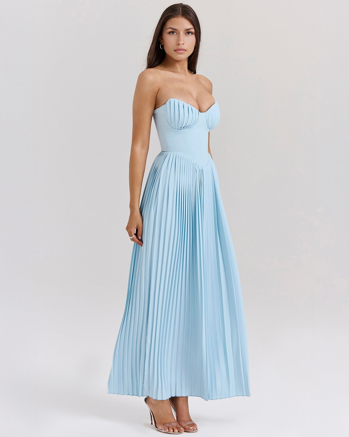 Strapless Sweetheart Accordion Pleat Corset Waist Maxi Dress 2
