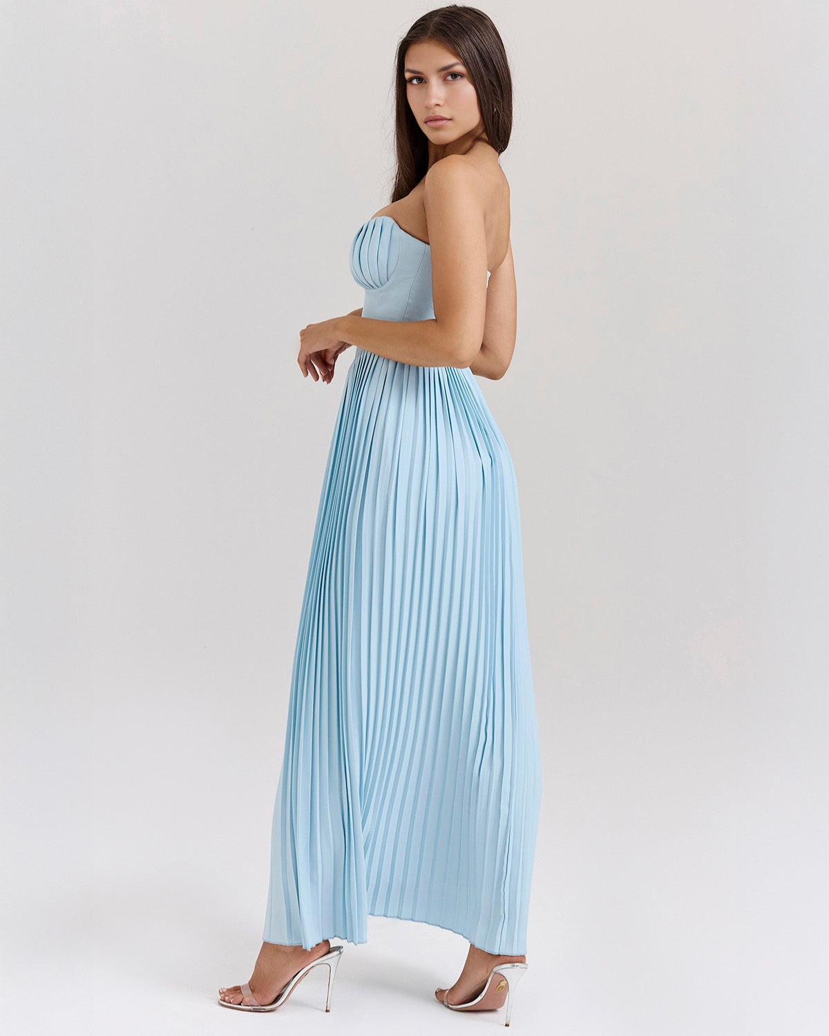 Strapless Sweetheart Accordion Pleat Corset Waist Maxi Dress 3
