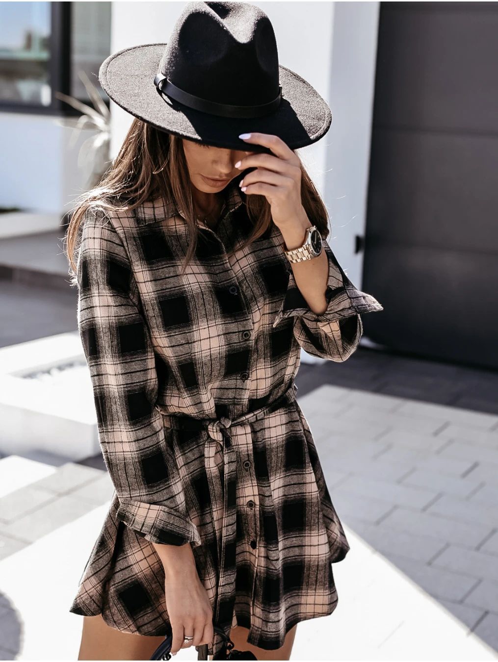 Spread Collar Button Front Belted Plaid Shirt Mini Dress 3