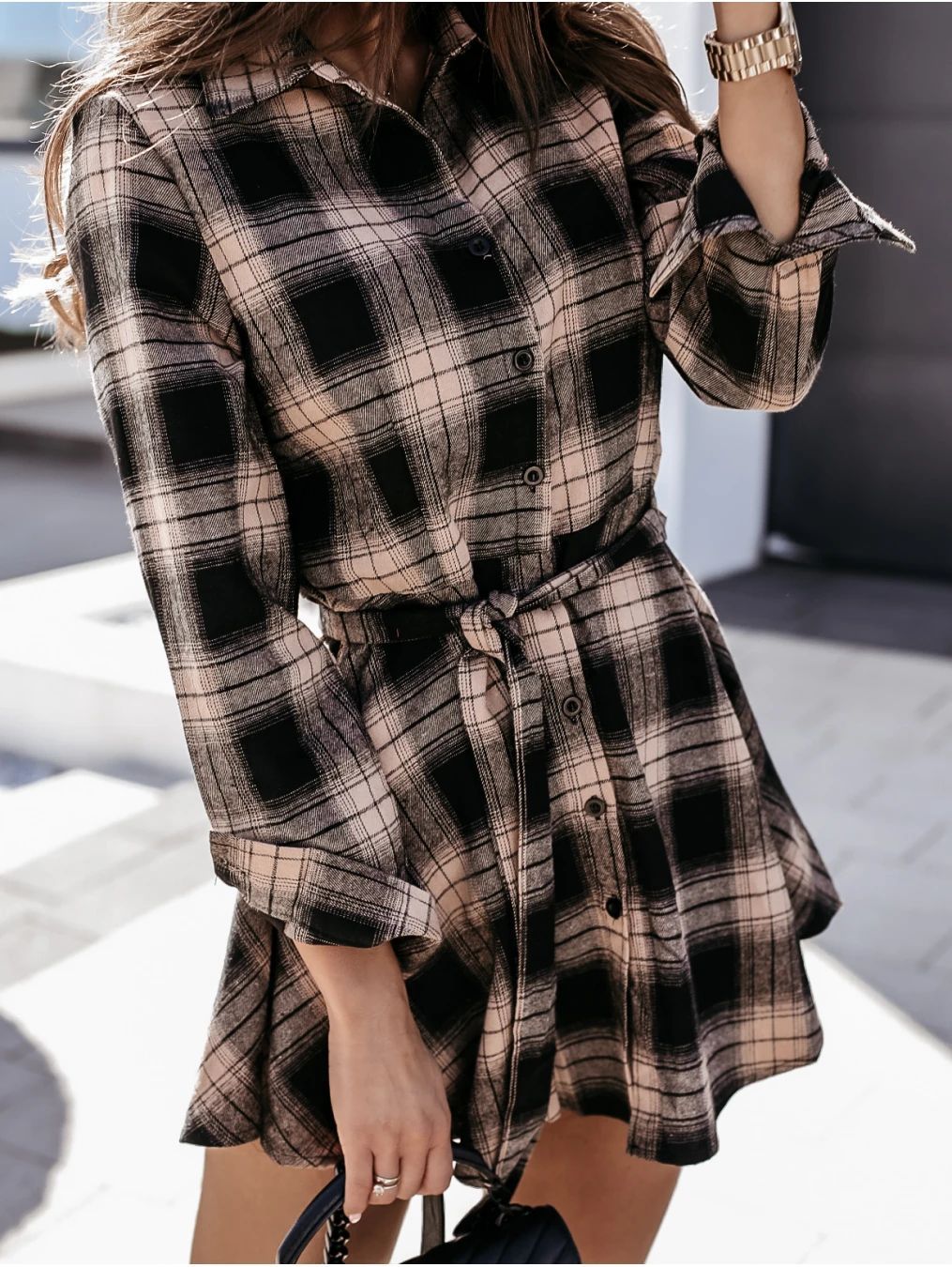 Spread Collar Button Front Belted Plaid Shirt Mini Dress 4
