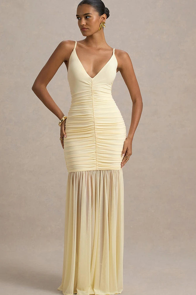 Deep V-Neck Spaghetti Strap Ruched Sheer Mesh Skirt Maxi Dress