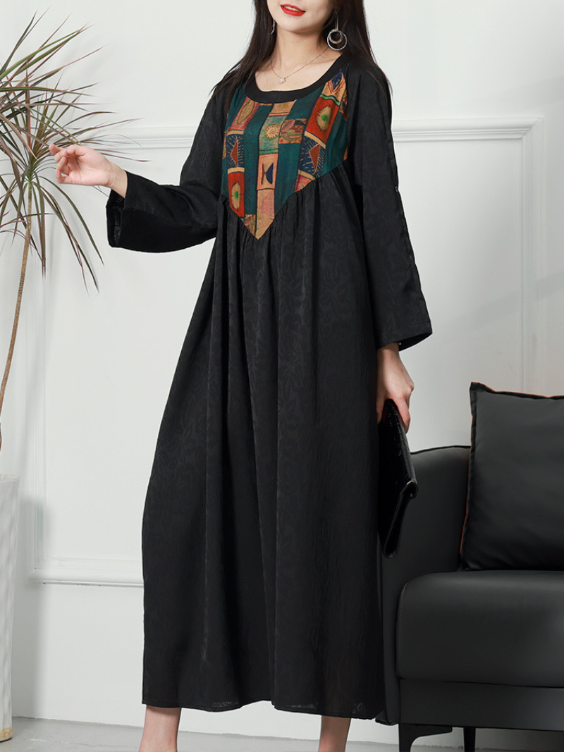 Scoop Neck Embroidered Medallion Roll Tab Sleeve Maxi Kaftan Dress 2