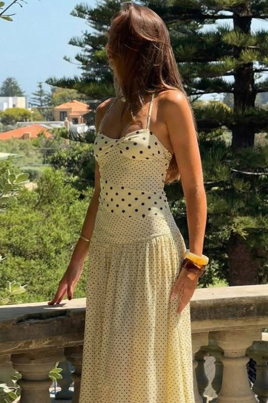 Sweetheart Halter Knot Bodice Mixed Scale Polka Dot Maxi Dress 3