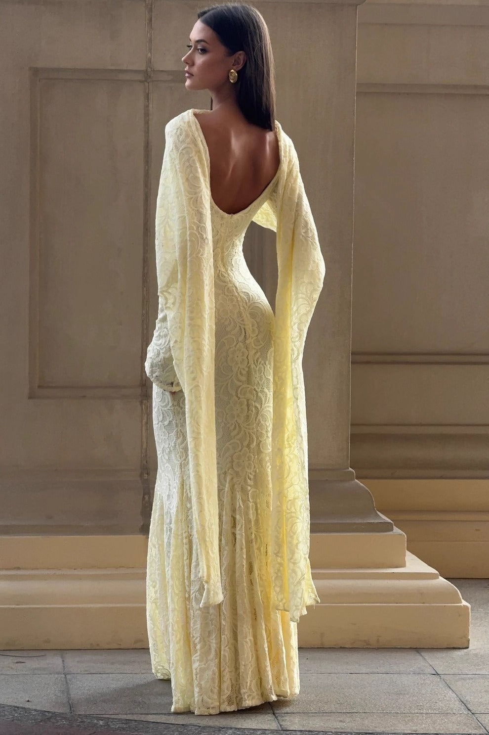 Square Neck Long Sleeve Floral Lace Front Knot Drape Panel Maxi Dress 2