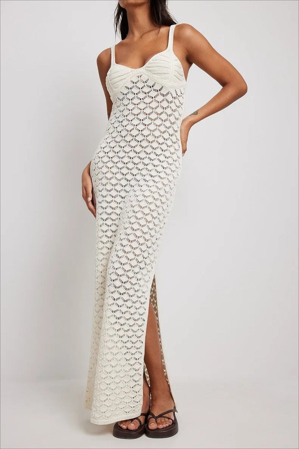 Pointelle Crochet Knit Sweetheart Spaghetti Strap Side Slit Maxi Dress 3