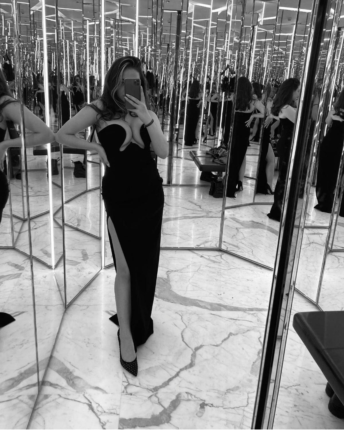 Strapless Architectural Plunge Cutout High Slit Column Maxi Gown