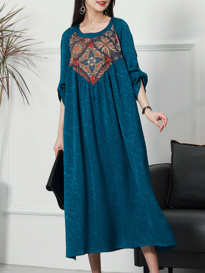 Scoop Neck Embroidered Medallion Roll Tab Sleeve Maxi Kaftan Dress 7
