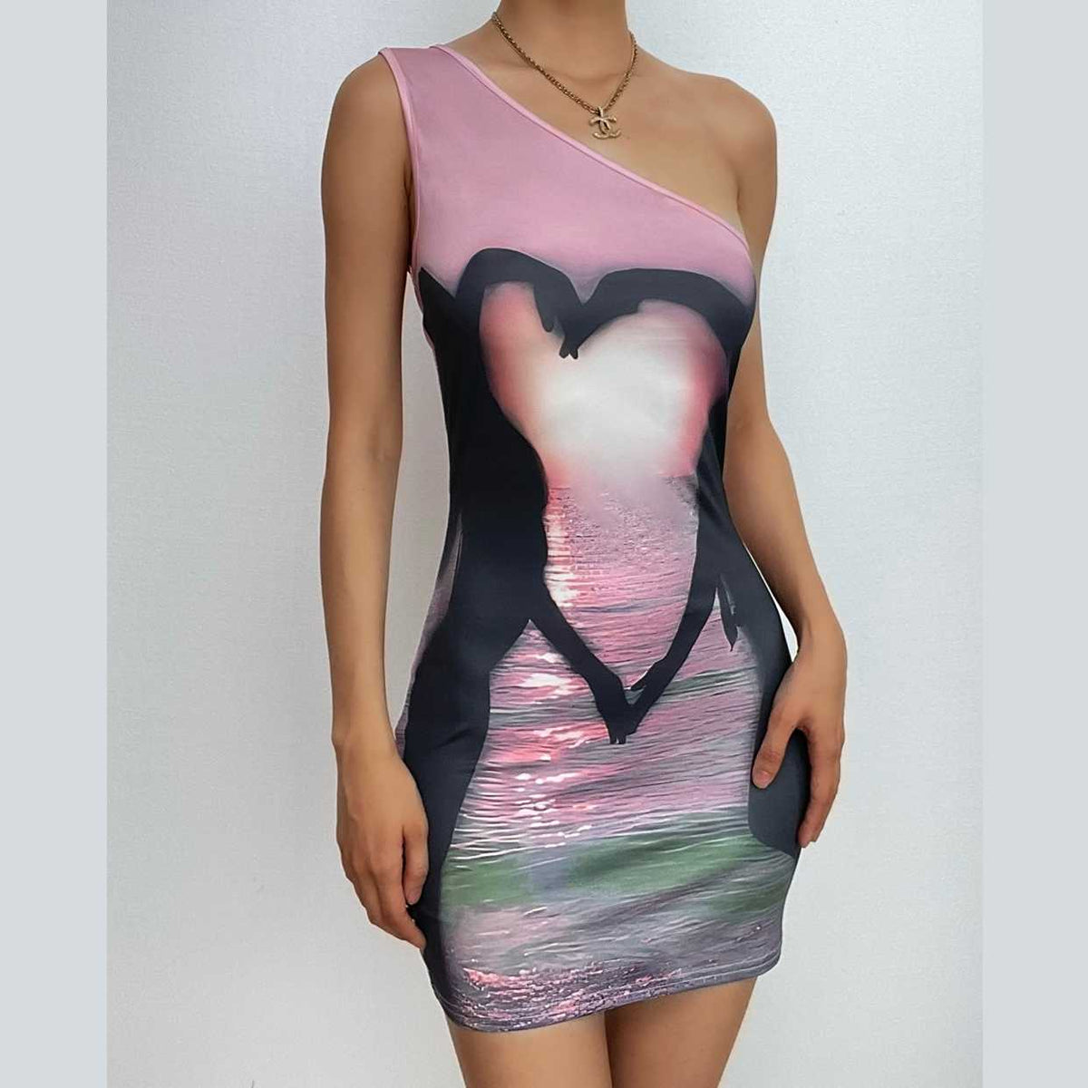 One Shoulder Swan Heart Sunset Graphic Bodycon Mini Dress
