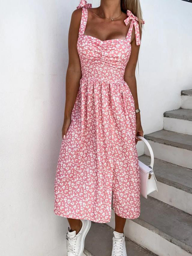 Bow Tie Shoulder Sweetheart Ruched Bust Floral Print High Slit Midi Dress 7